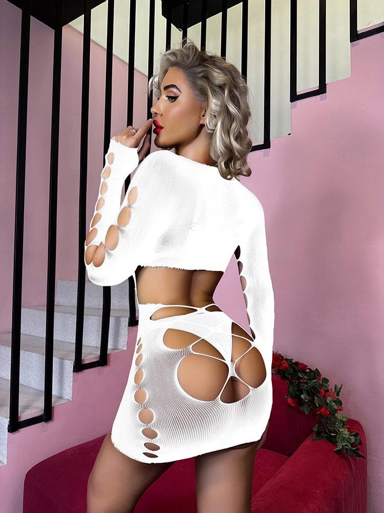 Long sleeve crewneck backless hollow out cut out mini dress  | Festival Outfits Women