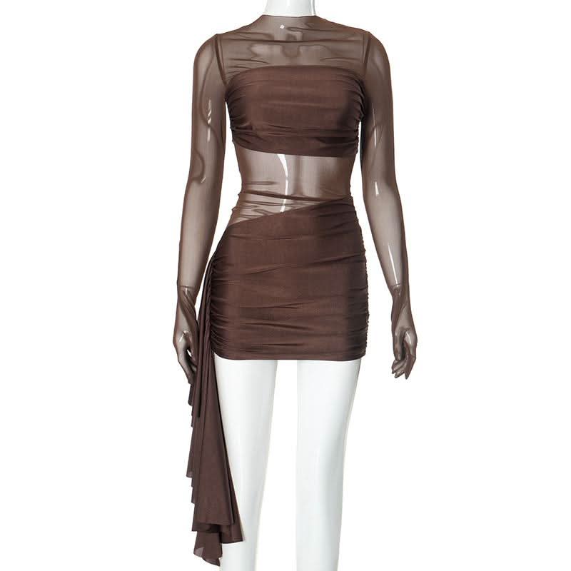 Long sleeve mesh patchwork ruched mini dress  | Festival Outfits Women