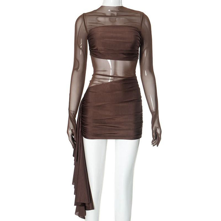 Long sleeve mesh patchwork ruched mini dress  | Festival Outfits Women