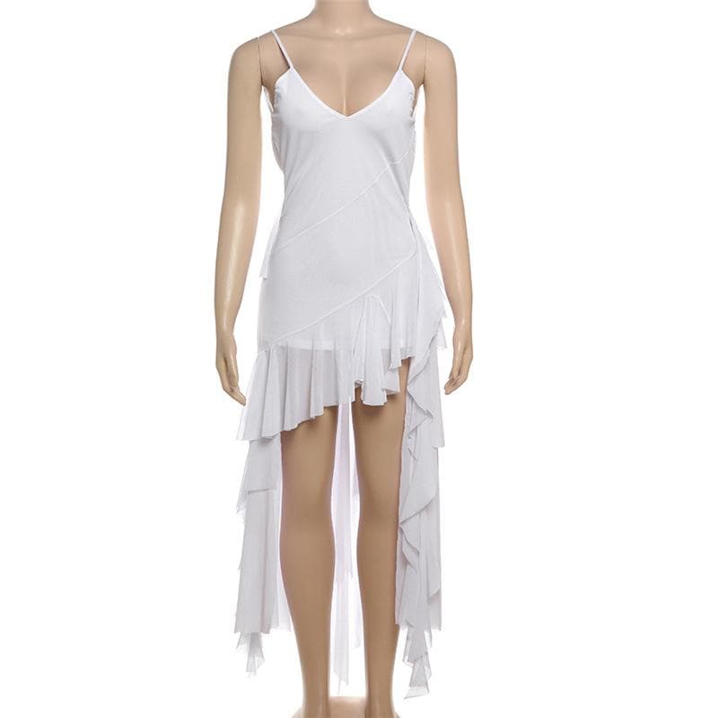 V neck sheer mesh ruffle cami midi dress  | Festival Outfits Women