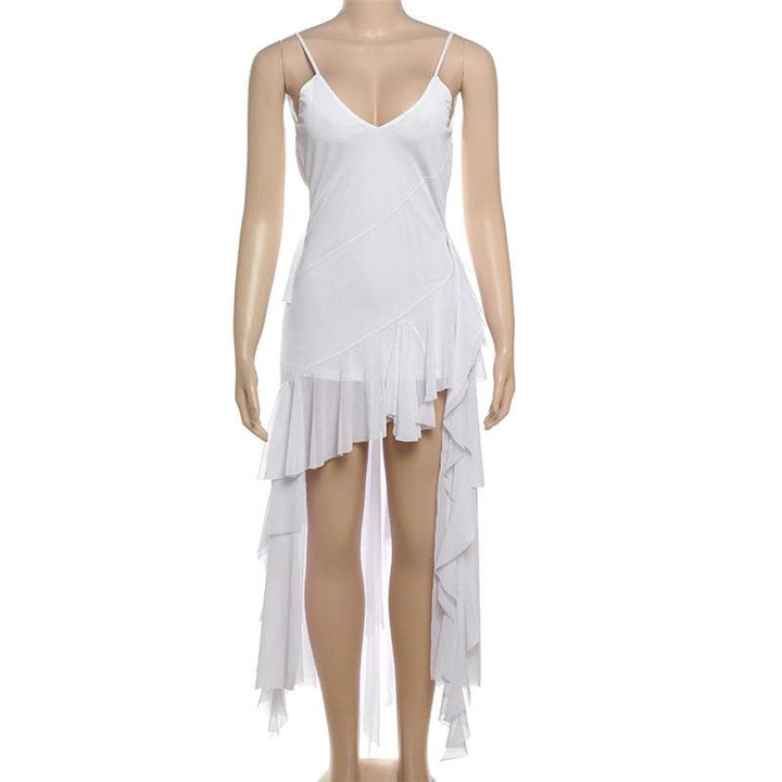 V neck sheer mesh ruffle cami midi dress  | Festival Outfits Women