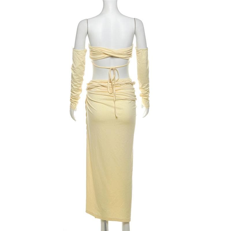 Gloves one shoulder high slit self tie maxi skirt set-final-sale  | Festival Outfits Women