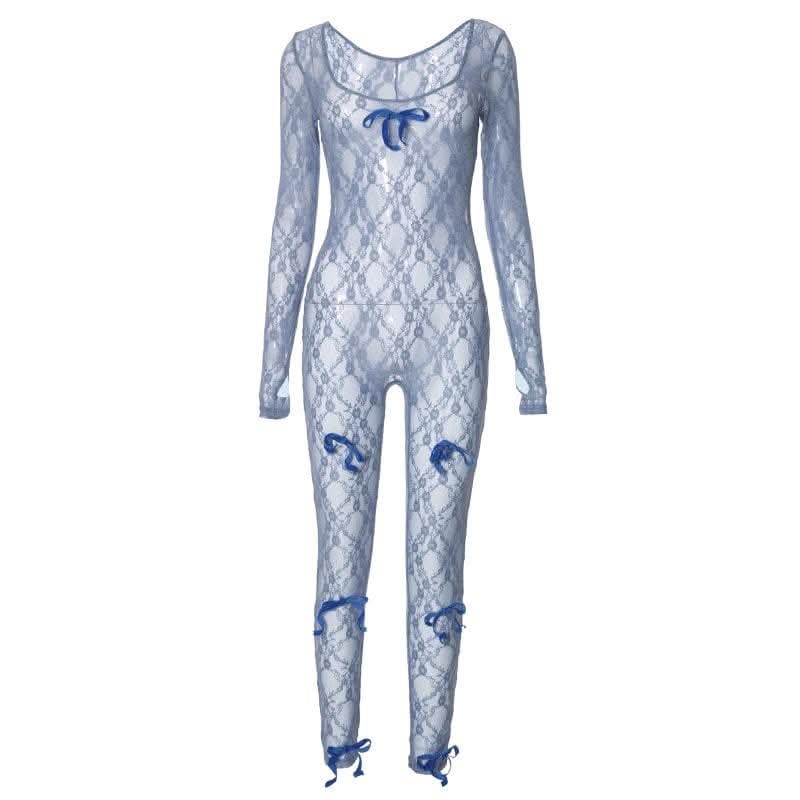 Long sleeve see through bowknot lace jumpsuit-final-sale  | Festival Outfits Women