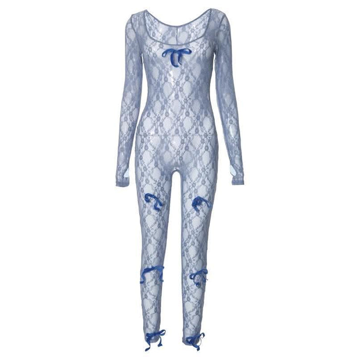 Long sleeve see through bowknot lace jumpsuit-final-sale  | Festival Outfits Women