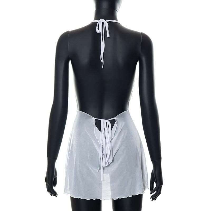 Halter cowl neck sheer mesh ruffle mini dress-final-sale