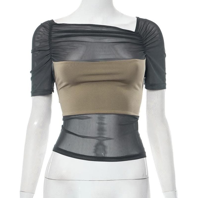 Mesh contrast patchwork short sleeve off shoulder ruched top-final-sale  | Festival Outfits Women
