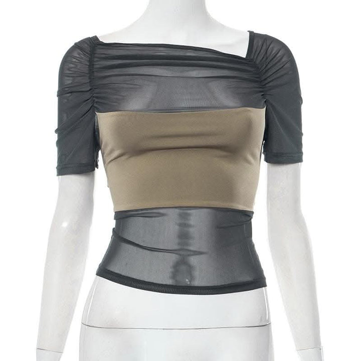 Mesh contrast patchwork short sleeve off shoulder ruched top-final-sale  | Festival Outfits Women