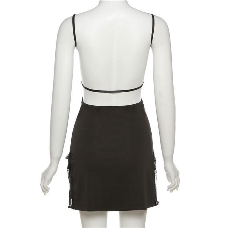Lace hem solid hollow out backless slit cami cut out mini dress-final-sale