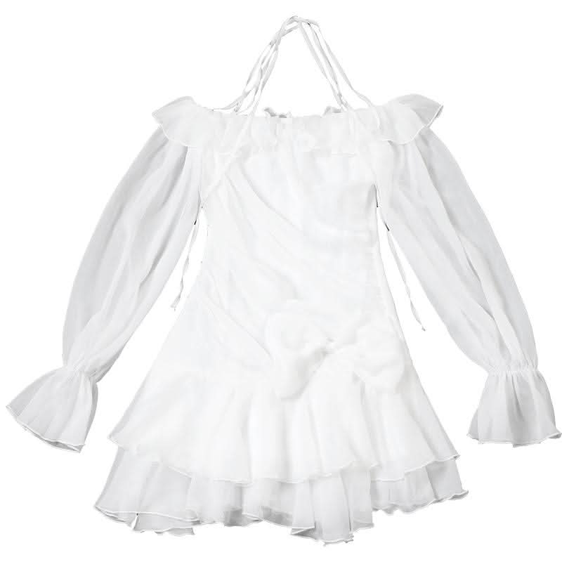 Halter off shoulder chiffon bowknot ruffle mini dress  | Festival Outfits Women
