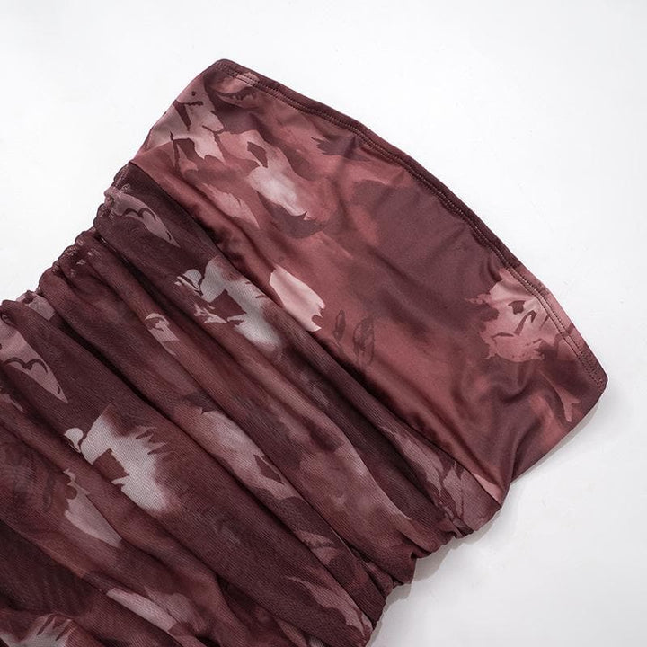 Drawstring tie dye mesh ruched tube mini dress  | Festival Outfits Women