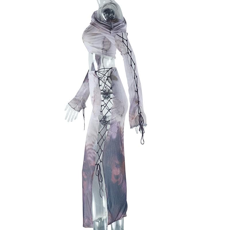 Long sleeve one shoulder lace up print ruched midi skirt set  | Festival Outfits Women