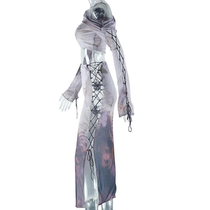 Long sleeve one shoulder lace up print ruched midi skirt set  | Festival Outfits Women