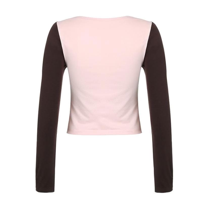 Bowknot contrast patchwork long sleeve v neck top-final-sale  | Festival Outfits Women
