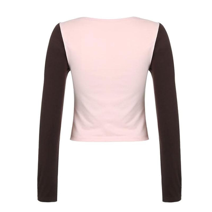 Bowknot contrast patchwork long sleeve v neck top-final-sale  | Festival Outfits Women