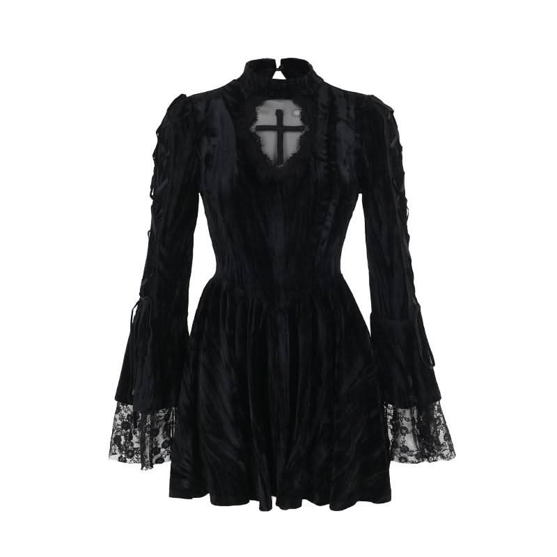 Long flared sleeve self tie velvet cross pattern mini dress  | Festival Outfits Women-final-sale