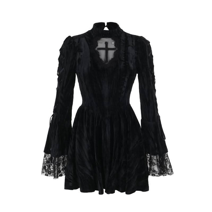 Long flared sleeve self tie velvet cross pattern mini dress  | Festival Outfits Women-final-sale