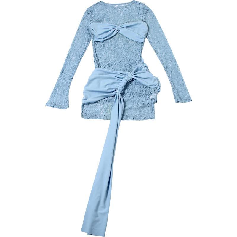Long sleeve lace patchwork ruched mini dress  | Festival Outfits Women-final-sale
