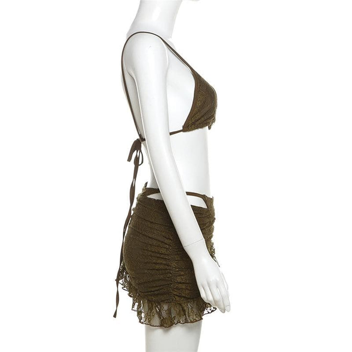 Lace ruffle cami 3 piece mini skirt set  | Festival Outfits Women