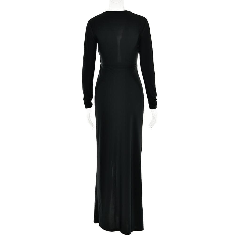 Long sleeve v neck ruched slit solid irregular maxi dress-final-sale  | Festival Outfits Women