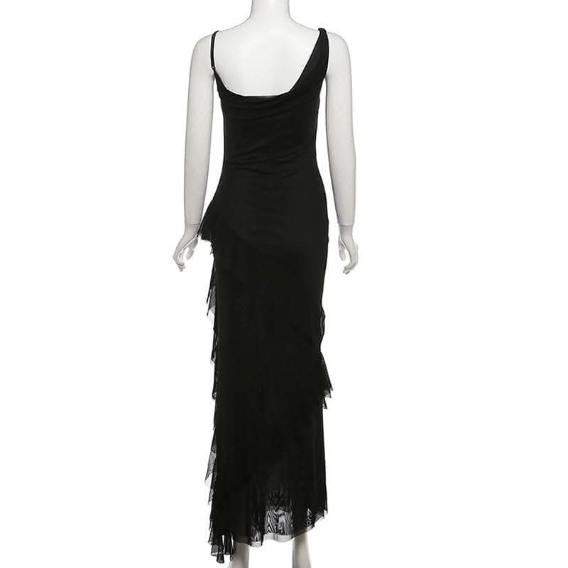 Cowl neck mesh ruffle slit irregular solid cami maxi dress-final-sale  | Festival Outfits Women