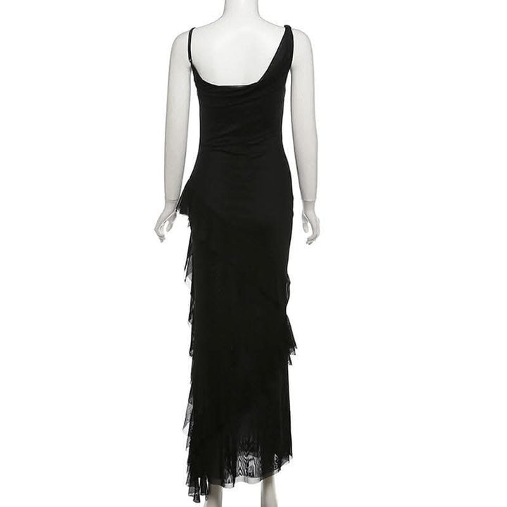 Cowl neck mesh ruffle slit irregular solid cami maxi dress-final-sale  | Festival Outfits Women