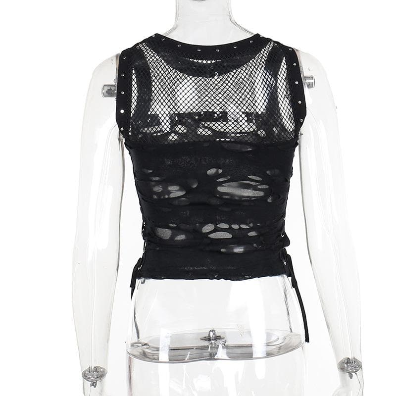 Crewneck fishnet buckle hollow out lace up tank cut out top  | Festival Outfits Women