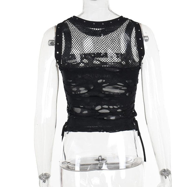 Crewneck fishnet buckle hollow out lace up tank cut out top  | Festival Outfits Women