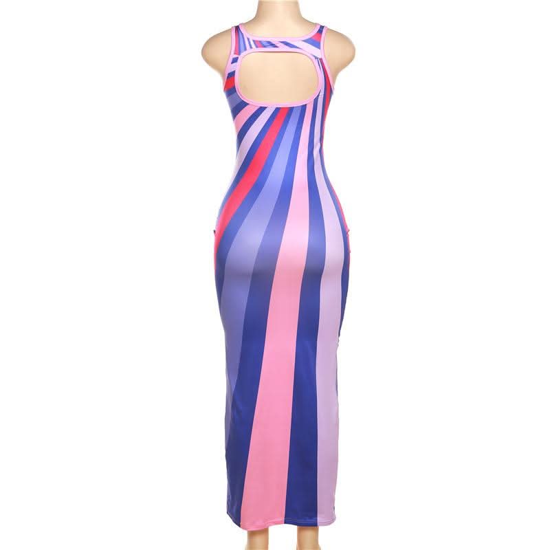 Striped contrast sleeveless backless crewneck maxi dress-final-sale  | Festival Outfits Women