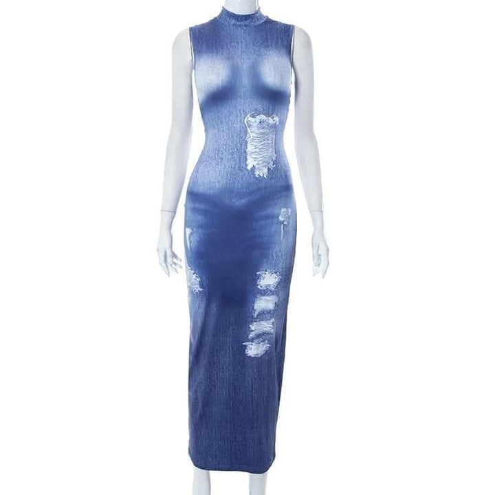 Denim print sleeveless contrast high neck maxi dress-final-sale  | Festival Outfits Women