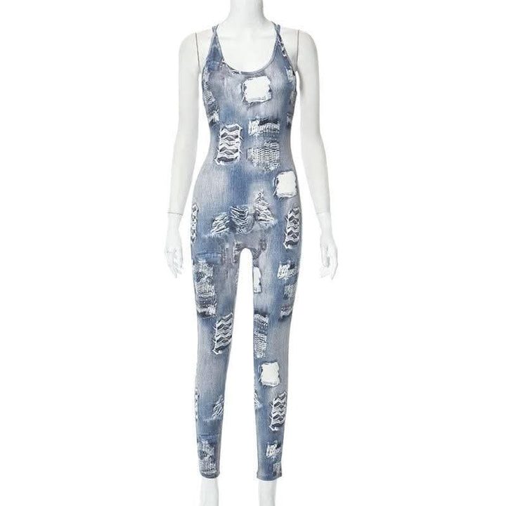 Denim print cross back u neck sleeveless jumpsuit-final-sale  | Festival Outfits Women