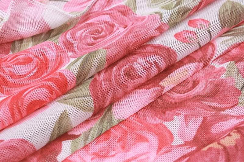 Sheer mesh see through irregular flower print ruffle maxi dress-final-sale  | Festival Outfits Women