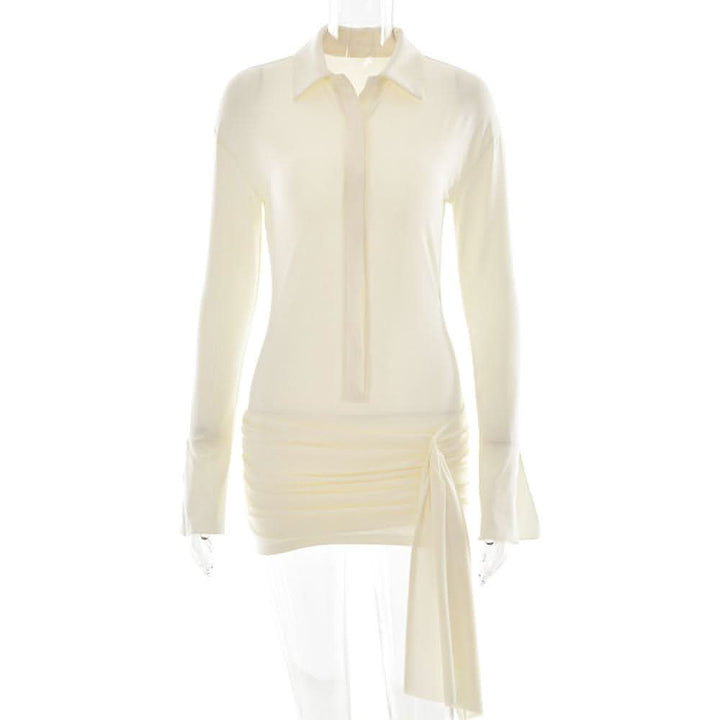 Turnover collar long sleeve button ruched mini dress-final-sale  | Festival Outfits Women