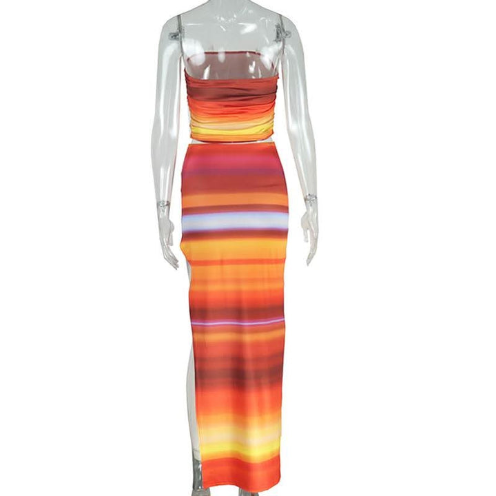 Ruched gradient striped hollow out slit maxi skirt set  | Festival Outfits Women