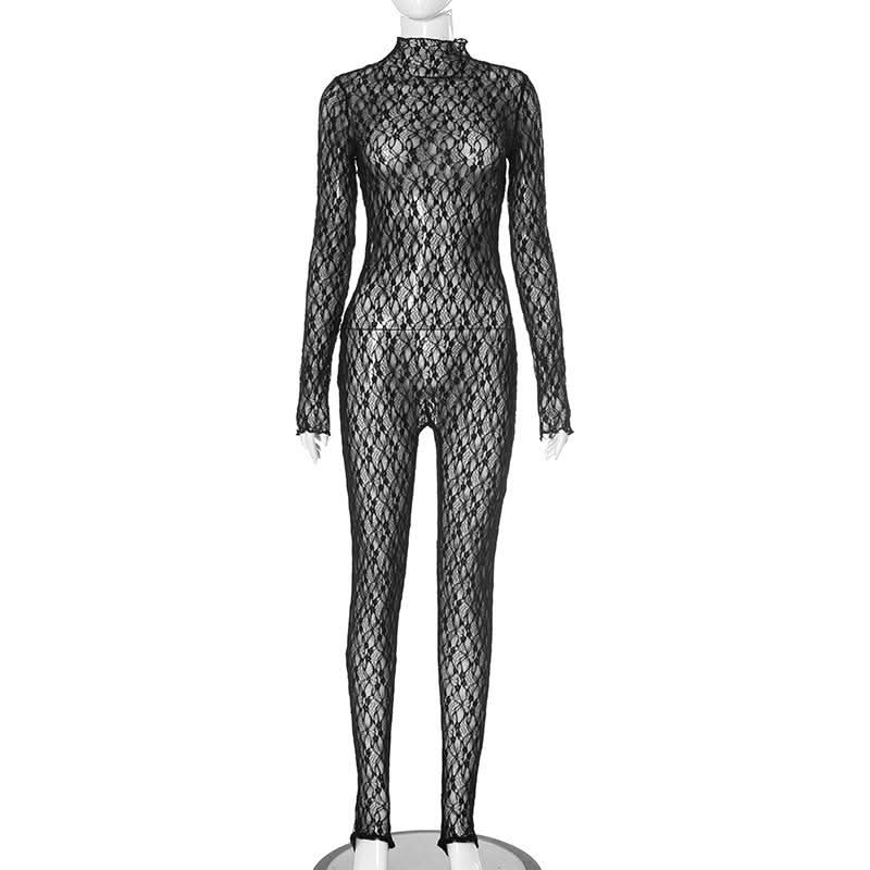 Long sleeve lace high neck zip-up see through jumpsuit  | Festival Outfits Women