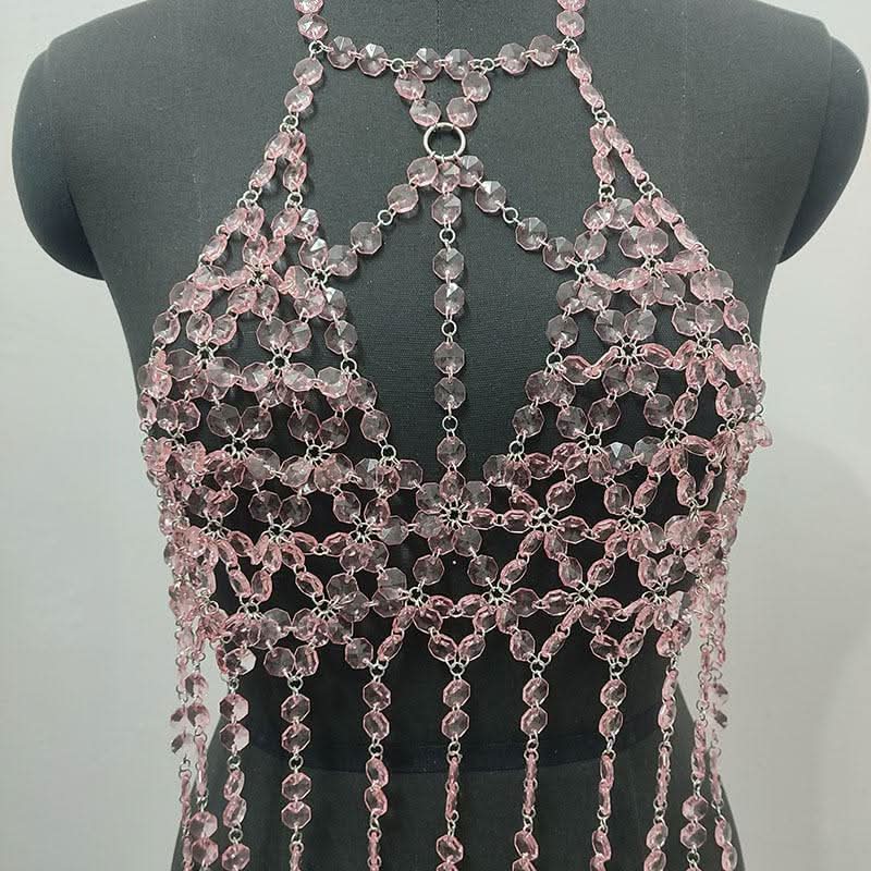 Halter o ring hollow out crystal tassels cut out top  | Festival Outfits Women