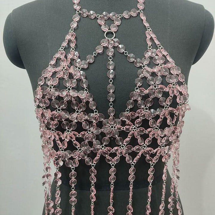 Halter o ring hollow out crystal tassels cut out top  | Festival Outfits Women