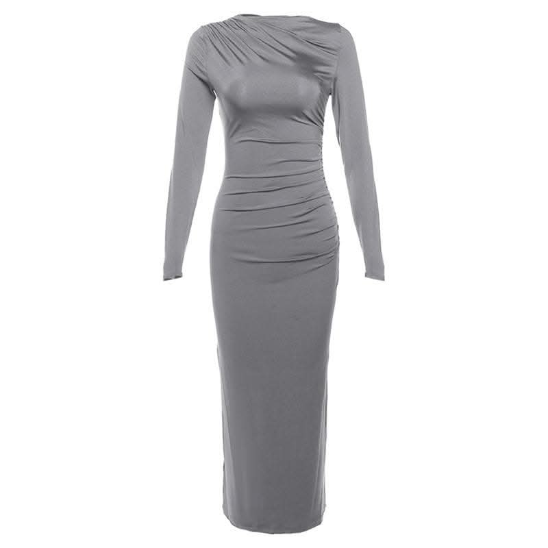 Ruched solid long sleeve zip-up maxi dress-final-sale  | Festival Outfits Women