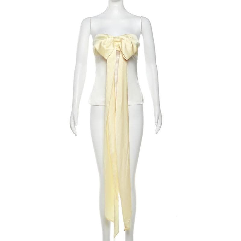 Bowknot sweetheart neck ruched ribbon zip-up satin tube top-final-sale  | Festival Outfits Women