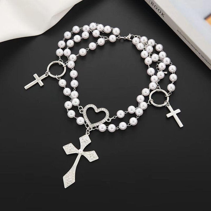 O ring faux pearl layered cross pendant choker necklace  | Festival Outfits Women