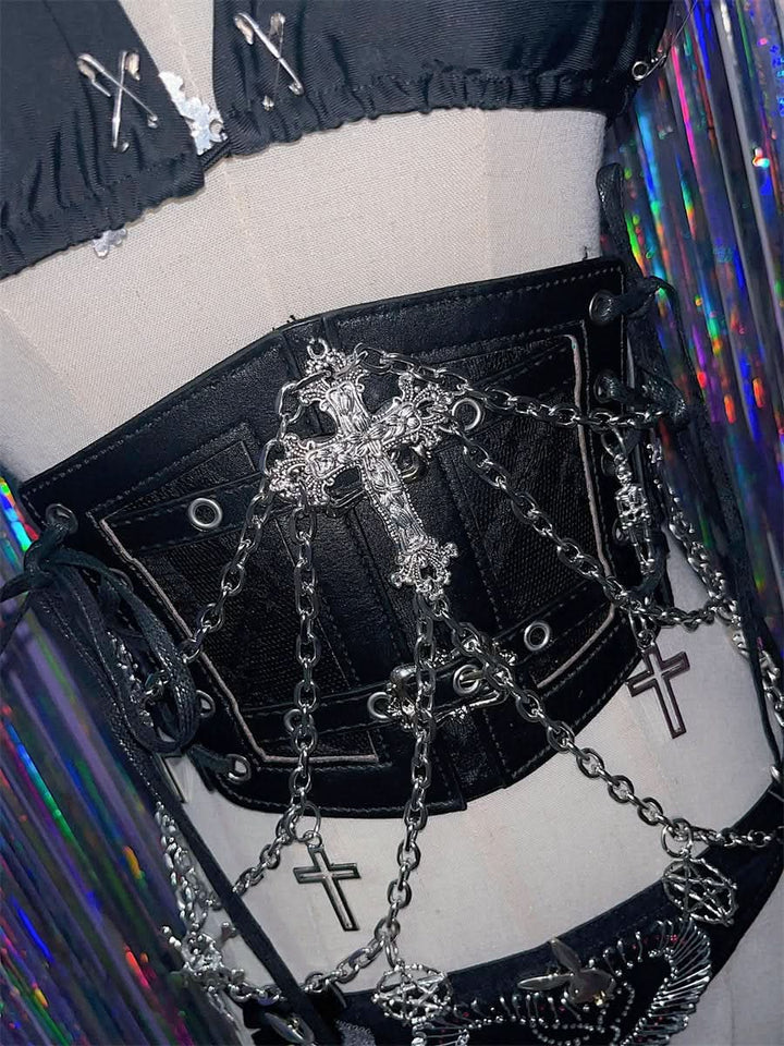 PU leather metal chain cross applique waist chain  | Festival Outfits Women