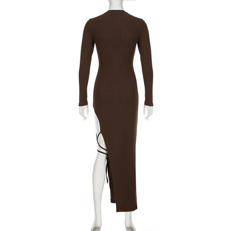 Self tie irregular long sleeve slit crewneck solid midi dress-final-sale  | Festival Outfits Women