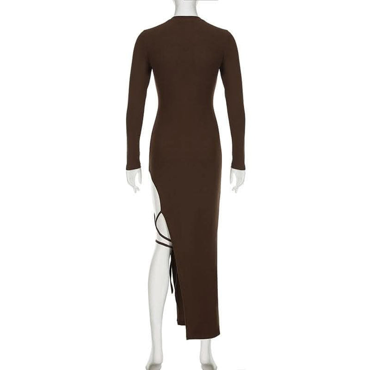 Self tie irregular long sleeve slit crewneck solid midi dress-final-sale  | Festival Outfits Women