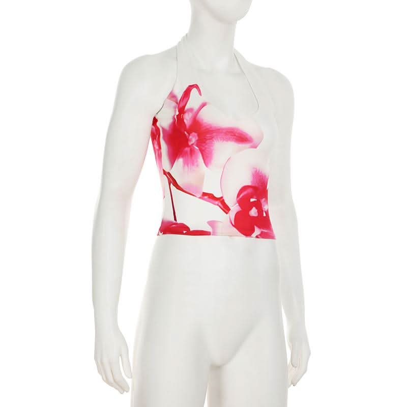 Halter flower print backless top  | Festival Outfits Women-final-sale