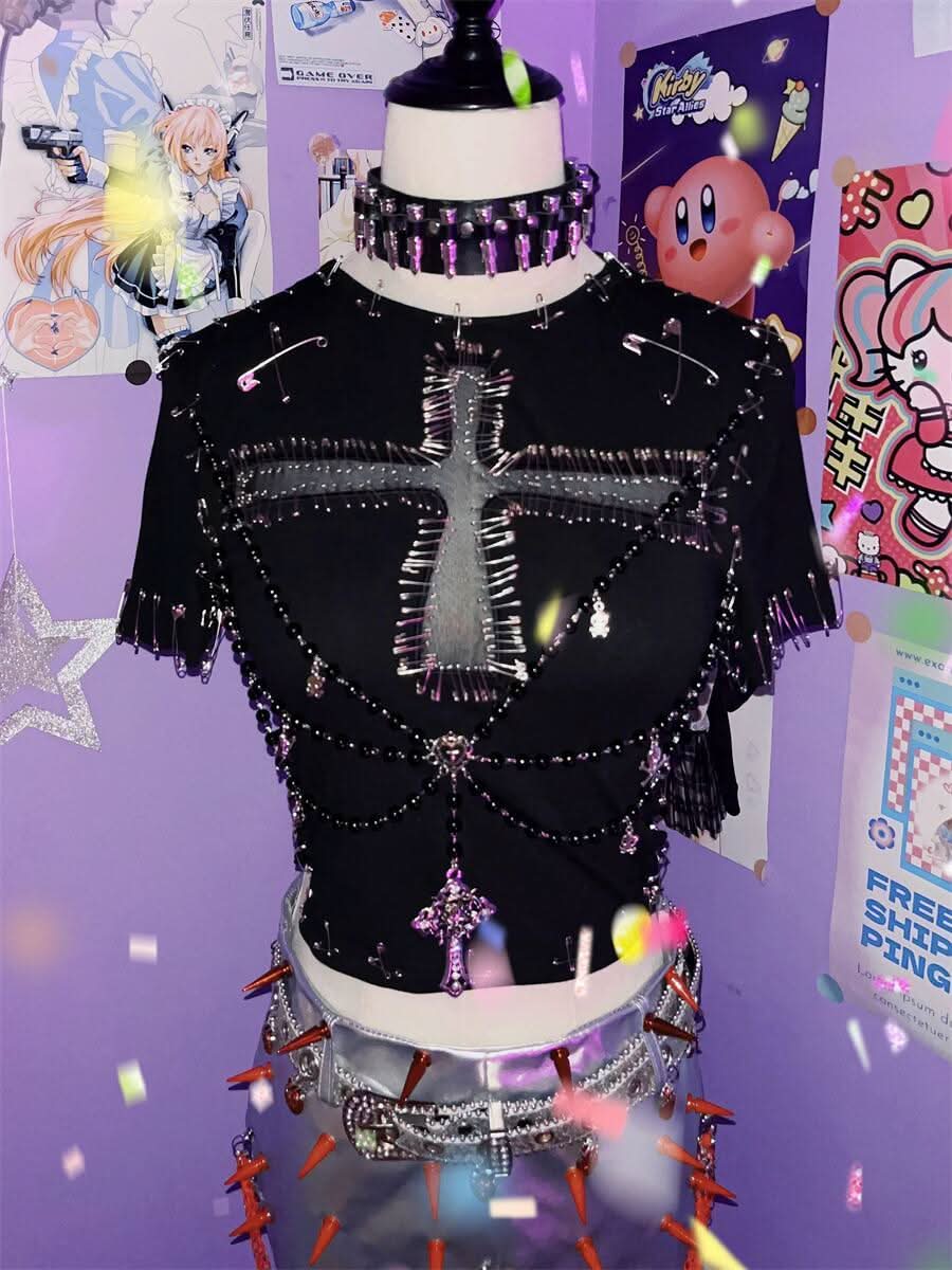 Short sleeve beaded cross pattern top  | Festival Outfits Women