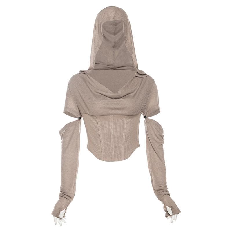 Hoodie cowl neck hollow out long sleeve corset crop cut out top-final-sale