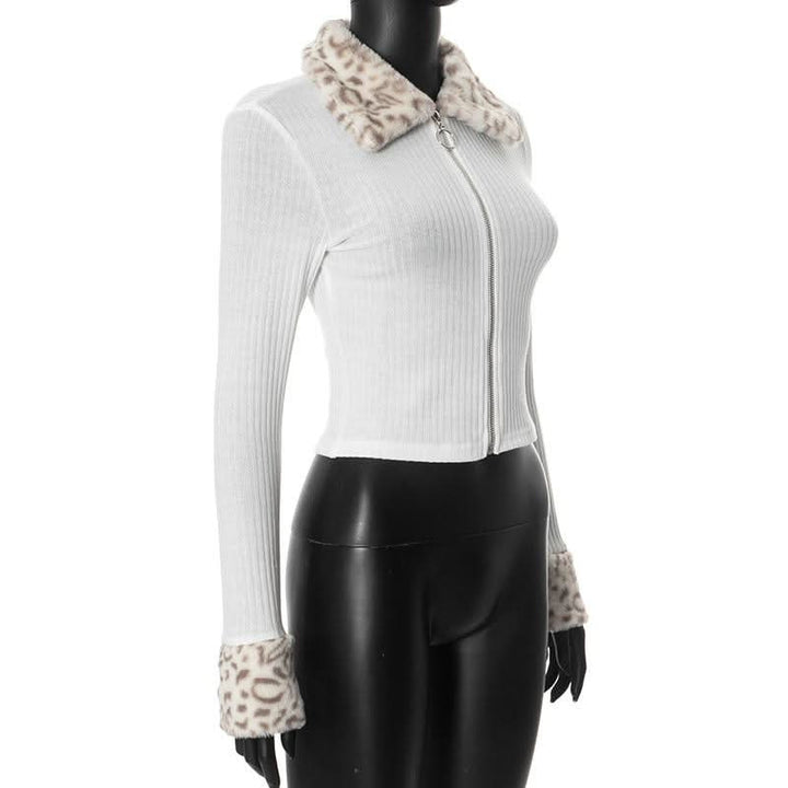 Zip-up long sleeve turnover collar leopard fluffy top  | Festival Outfits Women  | Cheetah Print Top
