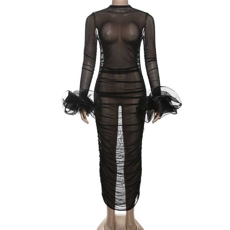 Long sleeve mesh see through ruched maxi dress-final-sale  | Festival Outfits Women