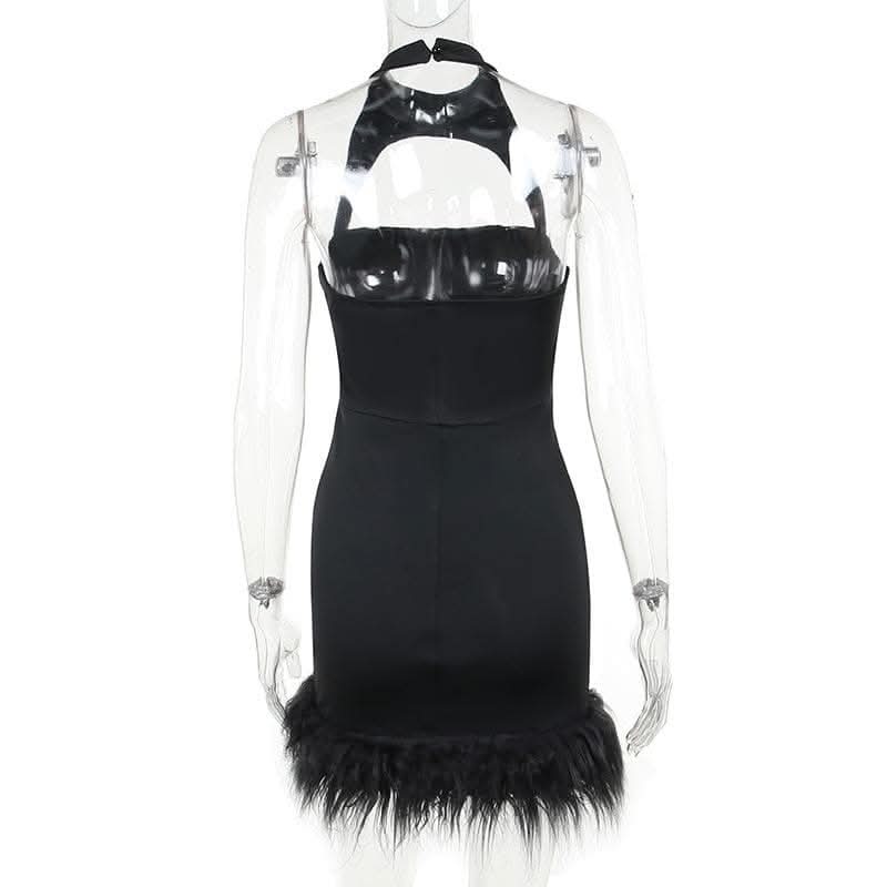 Hollow out halter fluffy backless button solid cut out mini dress-final-sale  | Festival Outfits Women