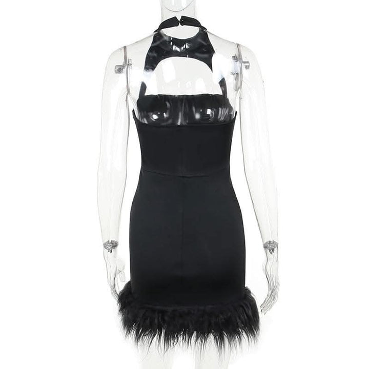Hollow out halter fluffy backless button solid cut out mini dress-final-sale  | Festival Outfits Women