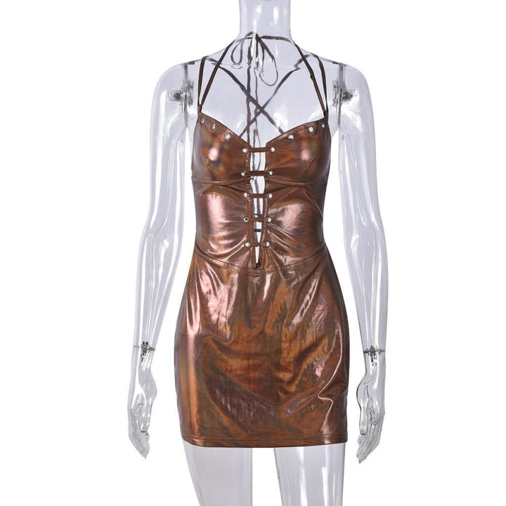 Riga mai kama da na Halter lace up metallic v neck cami | Kayan Biki na Mata